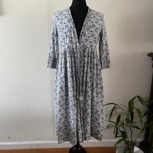 Anokhi Floral Wrap Dress Womens Small Blue Boho Hippie Earthy Cotton Bohemian